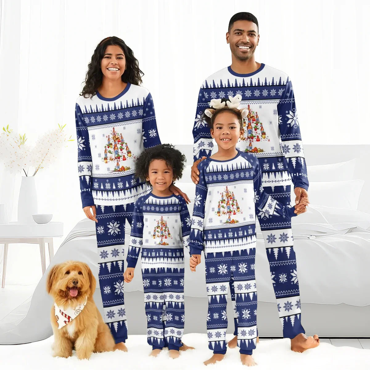 Happy family of four and dog wearing matching blue and white Christmas Pabst Blue Ribbon pajamas in bright bedroom