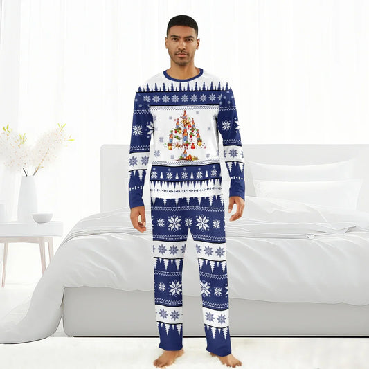 Man wearing navy and white Christmas pajamas with snowflakes and Pabst Blue Ribbon bottle tree design