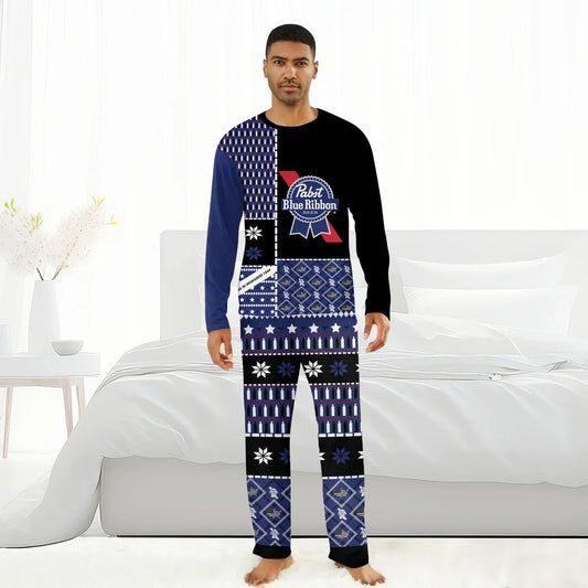 Man wearing Pabst Blue Ribbon themed blue and black patterned family pajama set standing in bright bedroom