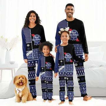 Smiling family in matching Pabst Blue Ribbon beer-themed holiday pajamas with dog wearing festive bandana