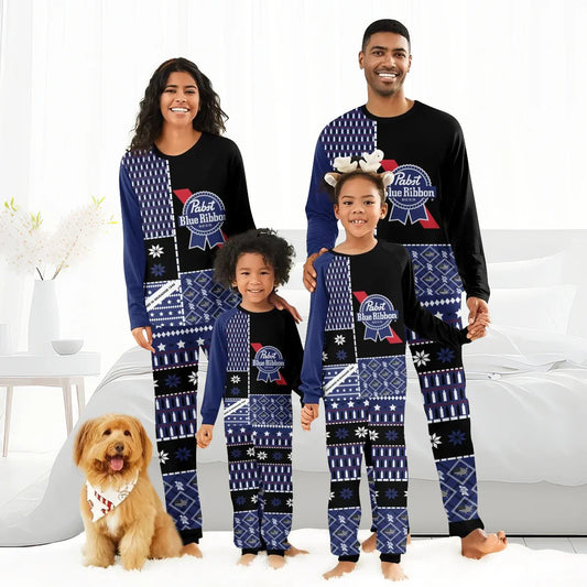 Smiling family in matching Pabst Blue Ribbon beer-themed holiday pajamas with dog wearing festive bandana