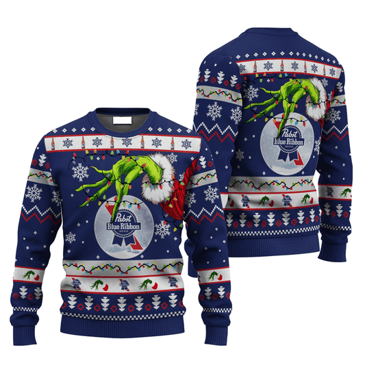 Pabst Blue Ribbon Grinch Hand Stock Ugly Sweater - VinoVogue.com
