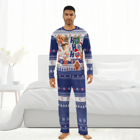 Man wearing blue festive Pabst Blue Ribbon Christmas pajama set with gingerbread and holiday icons in bright room