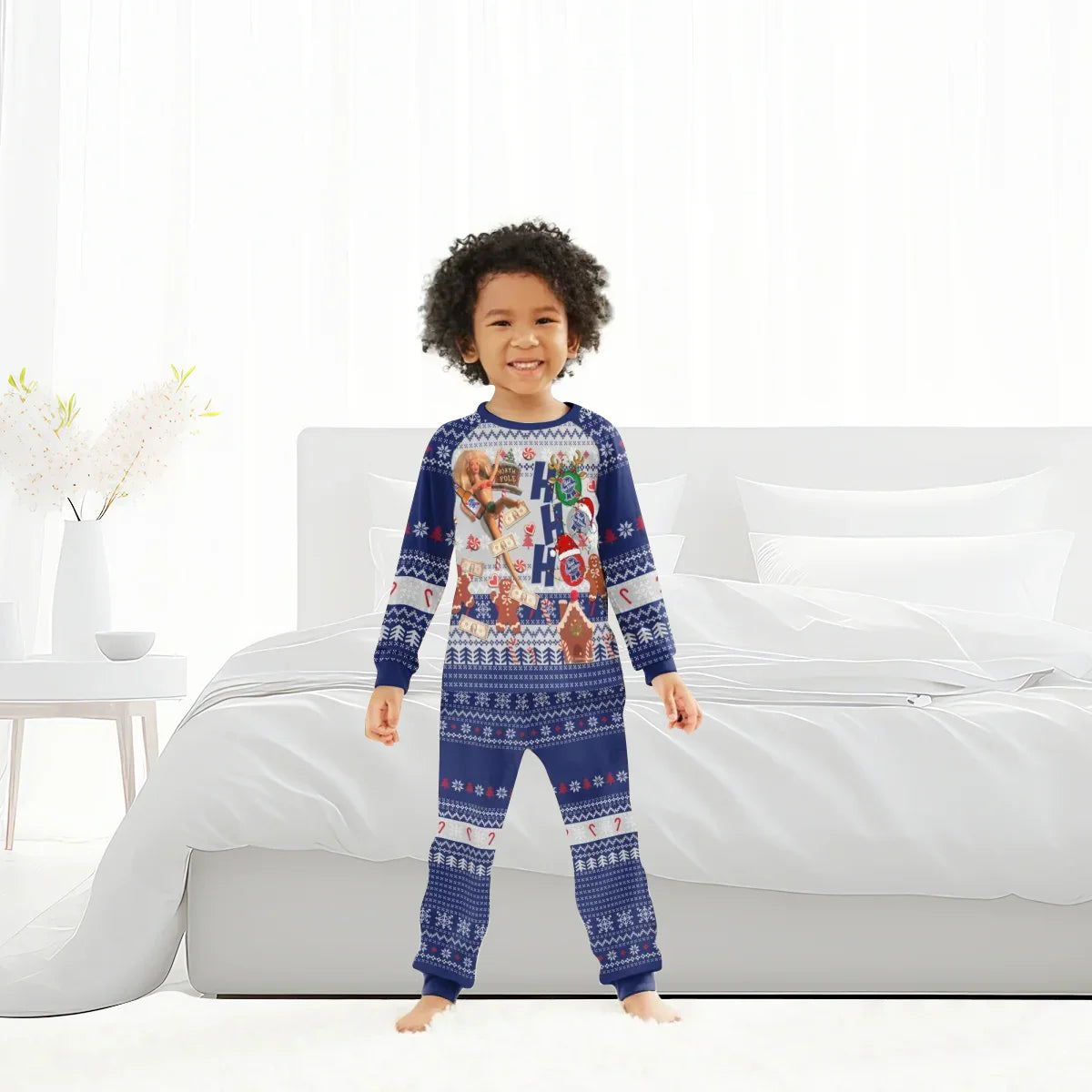 Smiling child in blue festive Pabst Blue Ribbon holiday pajamas standing barefoot in bright bedroom