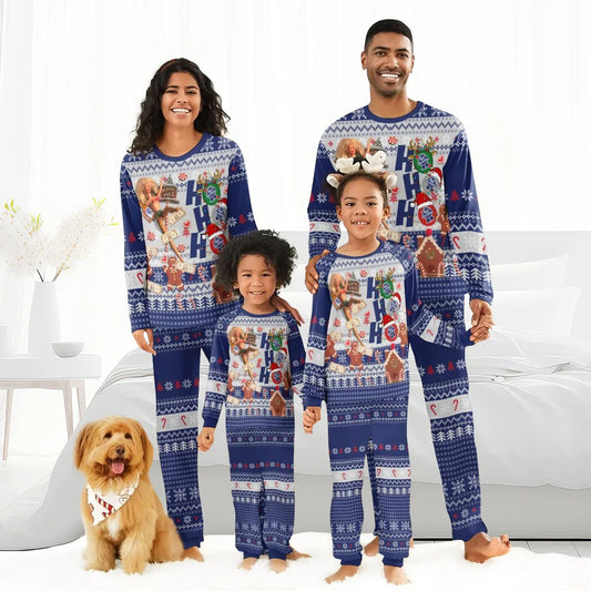 Family wearing matching blue holiday pajamas with festive patterns and playful Christmas designs