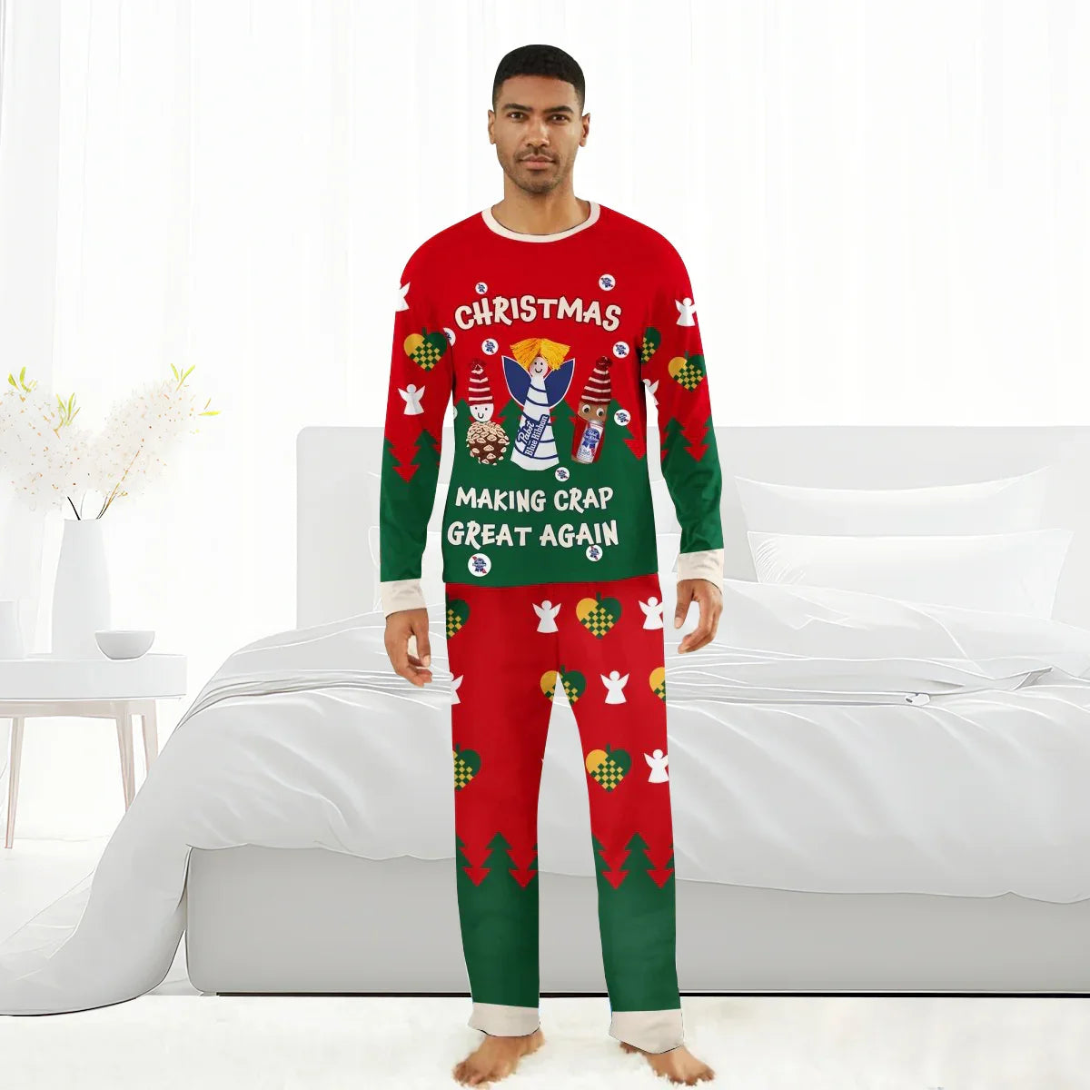 Man wearing red and green Pabst Blue Ribbon Christmas pajamas with text Making Crap Great Again