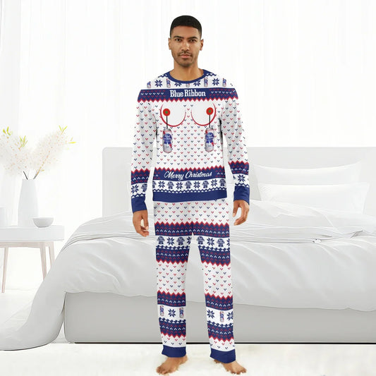 Man wearing Pabst Blue Ribbon themed Christmas pajamas with beer can design in modern bedroom