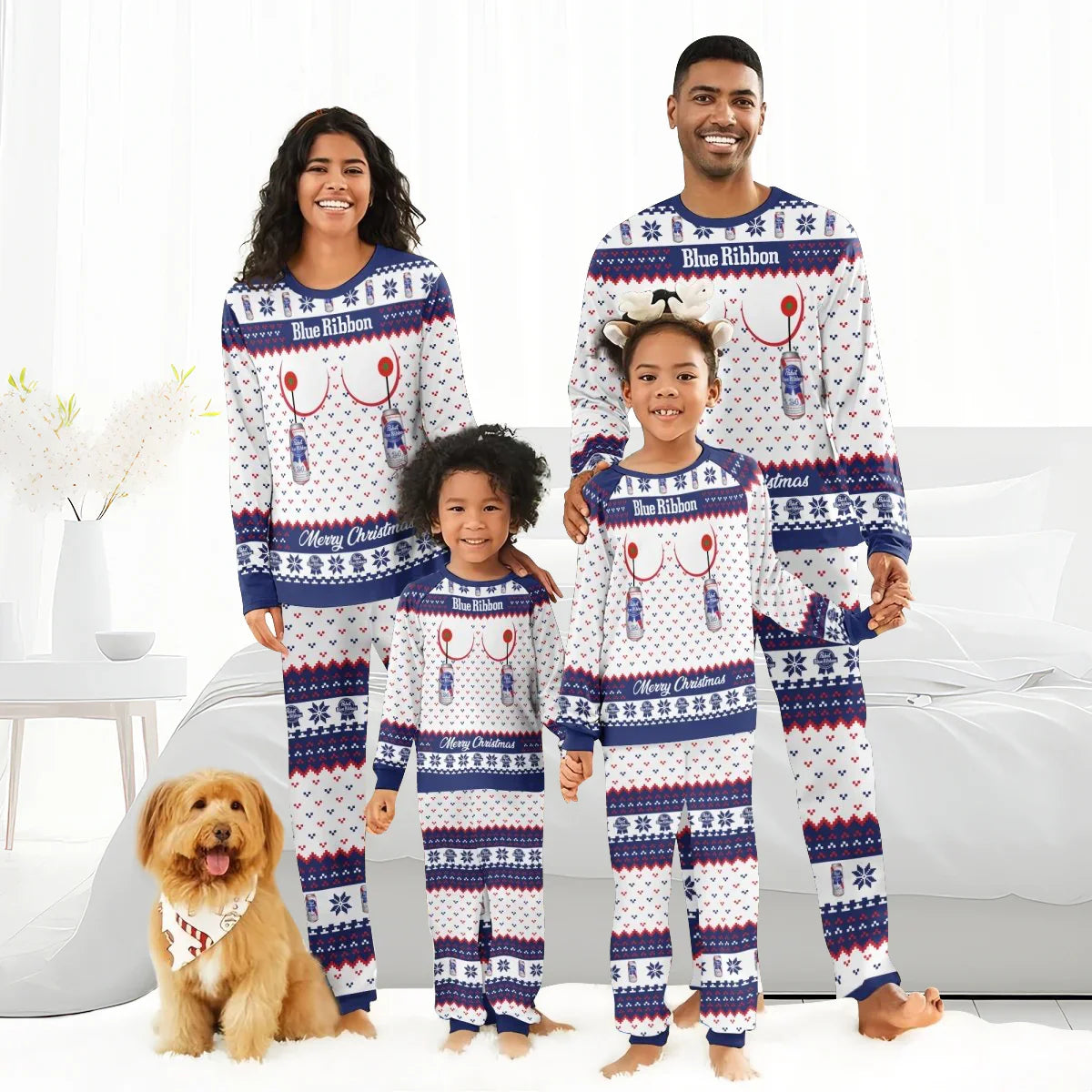 Family of four in matching Pabst Blue Ribbon Christmas pajamas with can and stethoscope design, dog with bandana