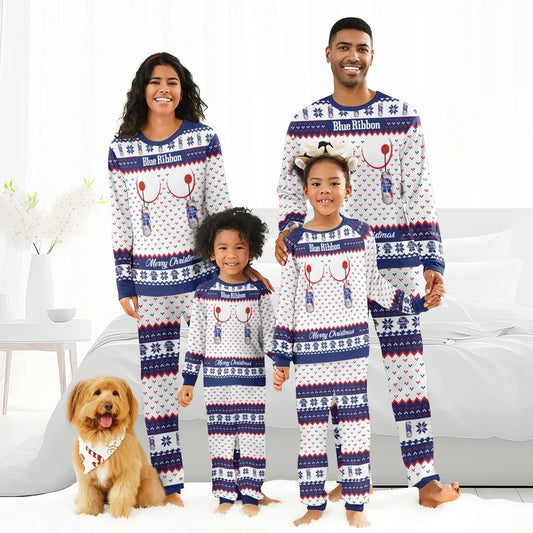 Family of four in matching Pabst Blue Ribbon Christmas pajamas with can and stethoscope design, dog with bandana