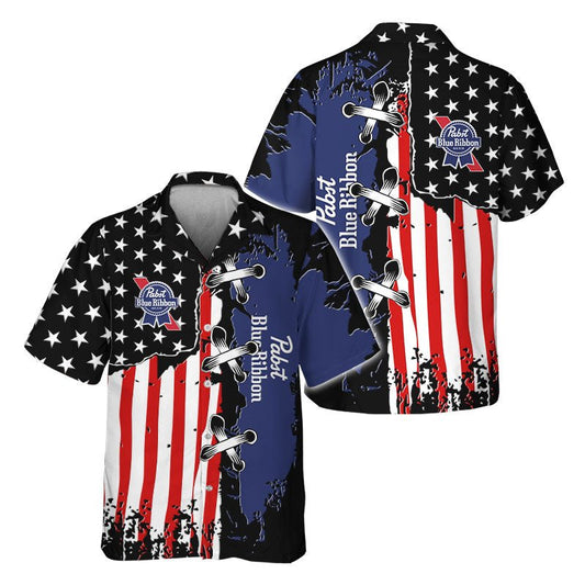 Pabst Blue Ribbon Patriotic Grunge Flag Hawaiian Shirt - VinoVogue.com