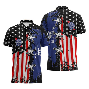 Pabst Blue Ribbon Patriotic Grunge Flag Polo Shirt - VinoVogue.com