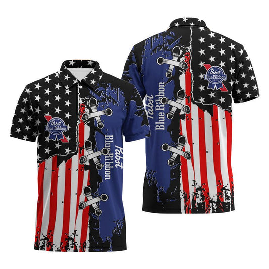 Pabst Blue Ribbon Patriotic Grunge Flag Polo Shirt - VinoVogue.com
