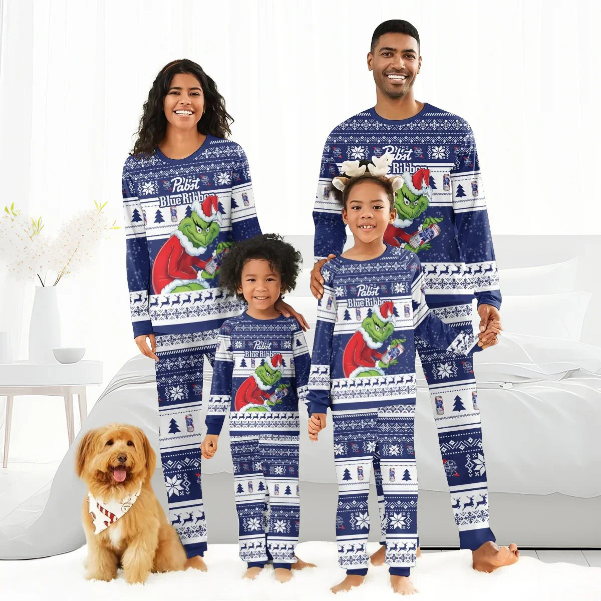 Smiling family wearing matching blue Pabst Blue Ribbon Grinch Christmas pajamas with snowflakes and reindeer, dog with bandana