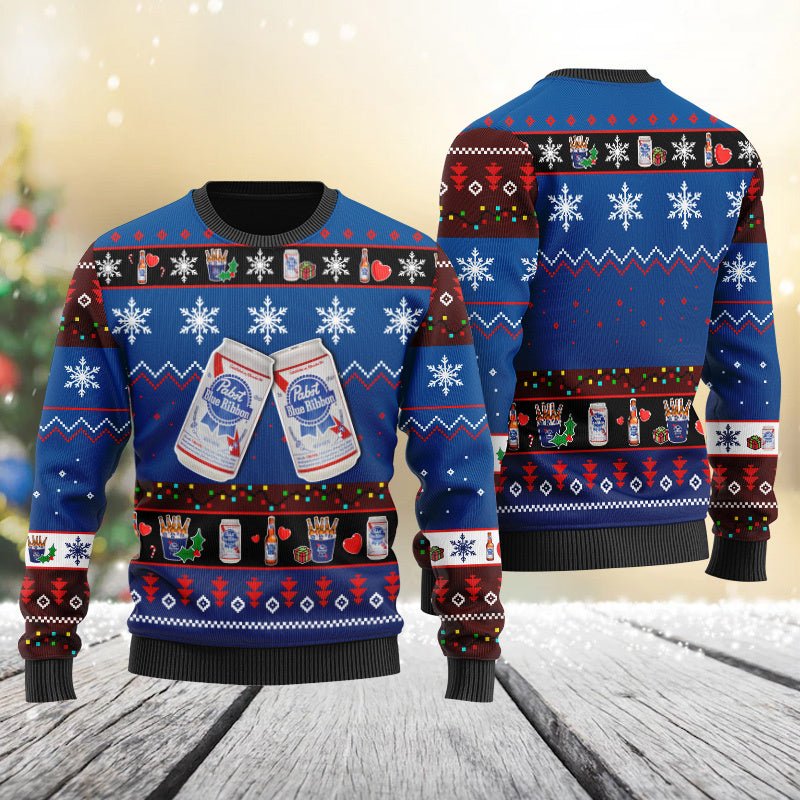 Pabst Blue Ribbon Snowflakes Ugly Sweater - VinoVogue.com