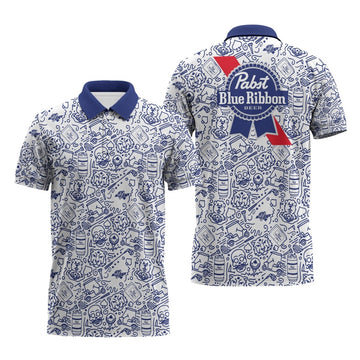 Pabst Blue Ribbon Summer Doodle Art Polo Shirt - VinoVogue.com