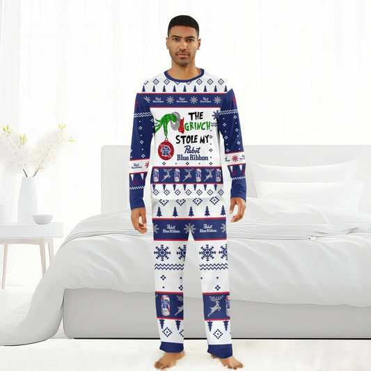 Man wearing Pabst Blue Ribbon and Grinch-themed Christmas pajama set in white and navy blue