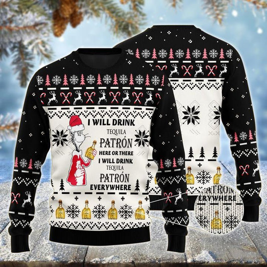 Patron Cat Hat Will Drink Everywhere Ugly Sweater - VinoVogue.com