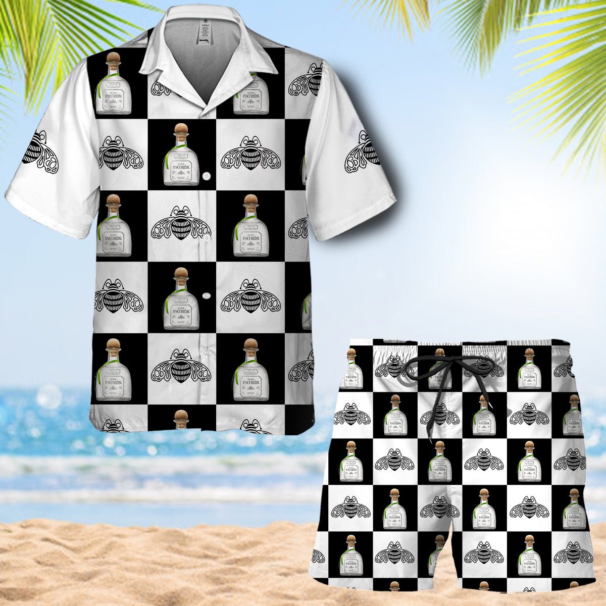 Patron Tequila Gingham Hawaiian Shirt And Shorts Set - VinoVogue.com