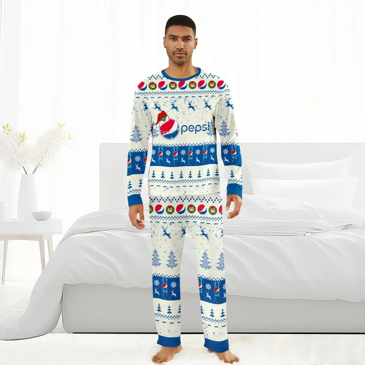Man wearing white and blue Pepsi Christmas pajamas with reindeer, soda cans, and festive patterns in bedroom