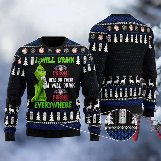Peroni Grinch Will Drink Everywhere Ugly Sweater - VinoVogue.com