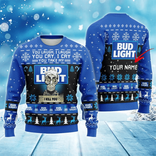 Personalized Bud Light Funny Skeleton Ugly Sweater - VinoVogue.com