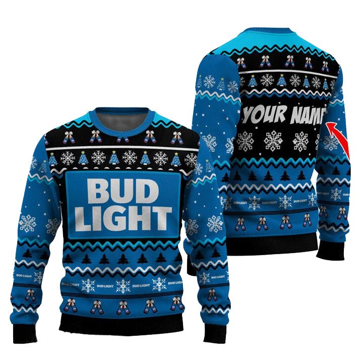 Personalized Bud Light Pine Tree Snowing Christmas Ugly Sweater - VinoVogue.com