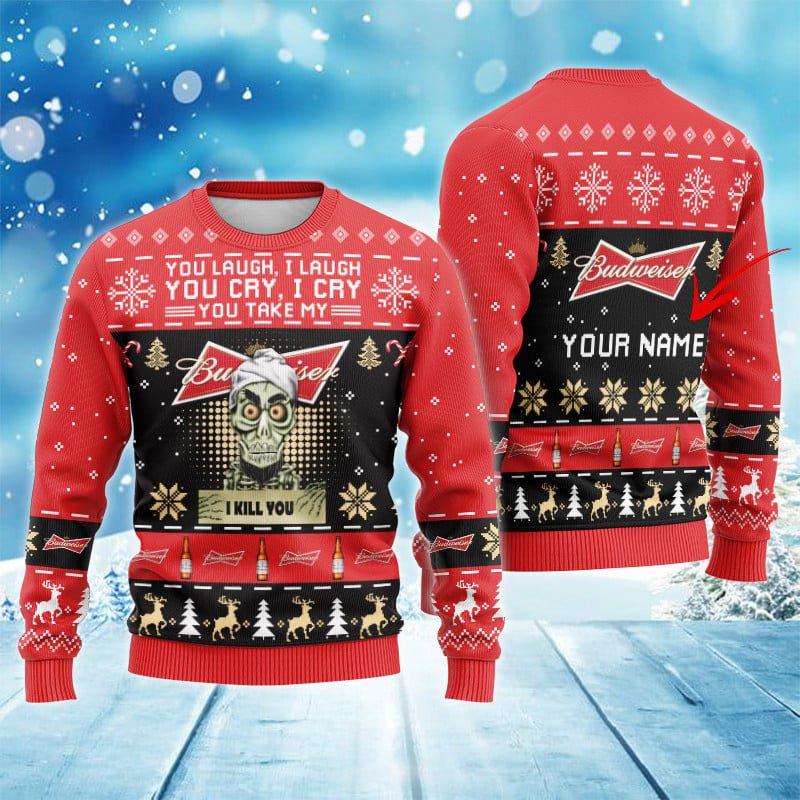 Personalized Budweiser Funny Skeleton Ugly Sweater - VinoVogue.com