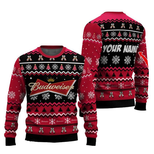 Personalized Budweiser Pine Tree Snowing Christmas Ugly Sweater - VinoVogue.com