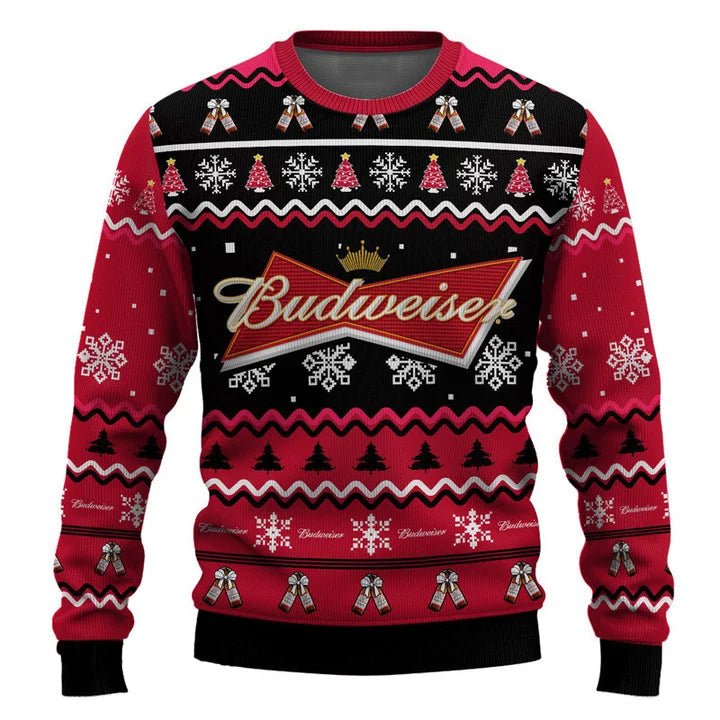 Personalized Budweiser Pine Tree Snowing Christmas Ugly Sweater - VinoVogue.com