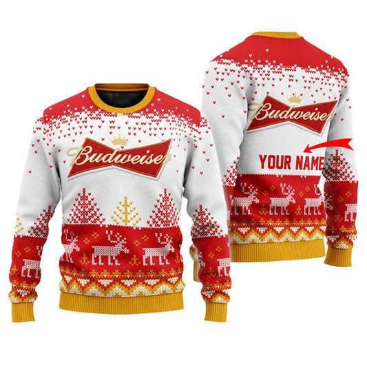 Personalized Budweiser Reindeer Christmas Ugly Sweater - VinoVogue.com