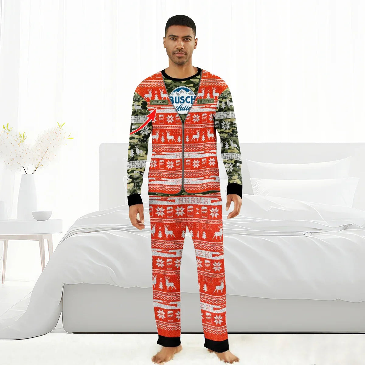 Man wearing personalized Busch Latte camo and red Christmas family pajamas in a white bedroom