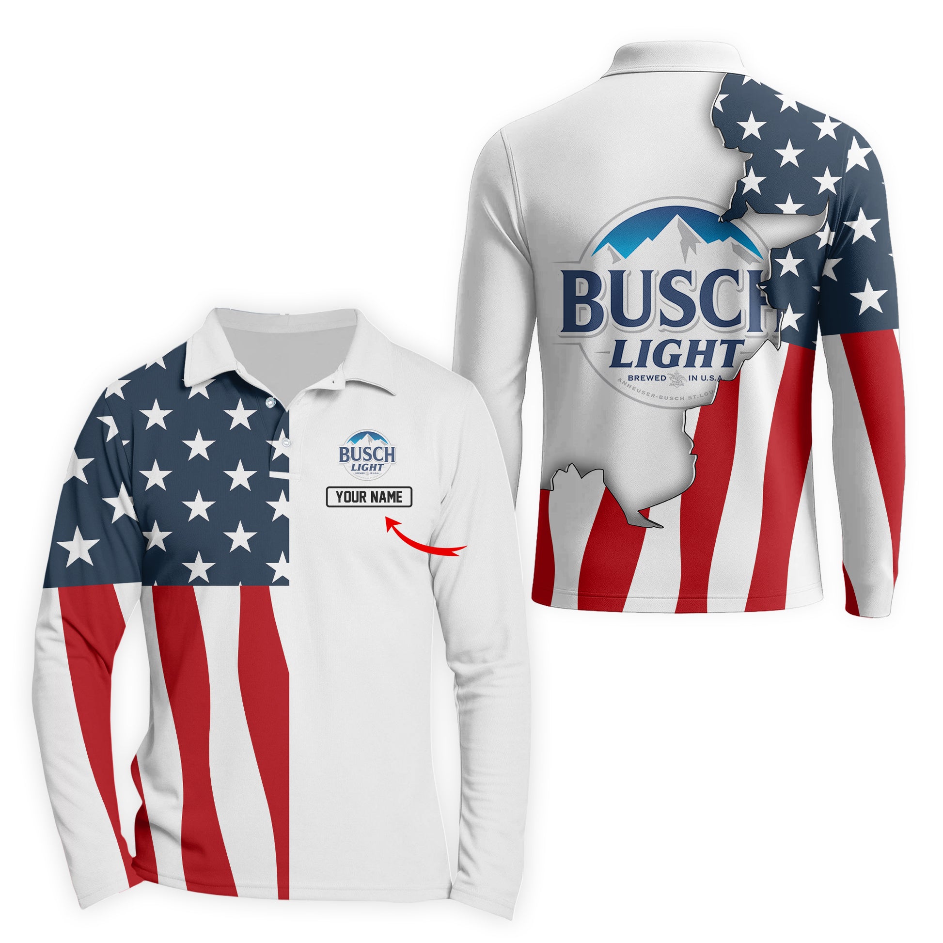 Personalized Busch Light American Flag Long Sleeve Polo Shirt