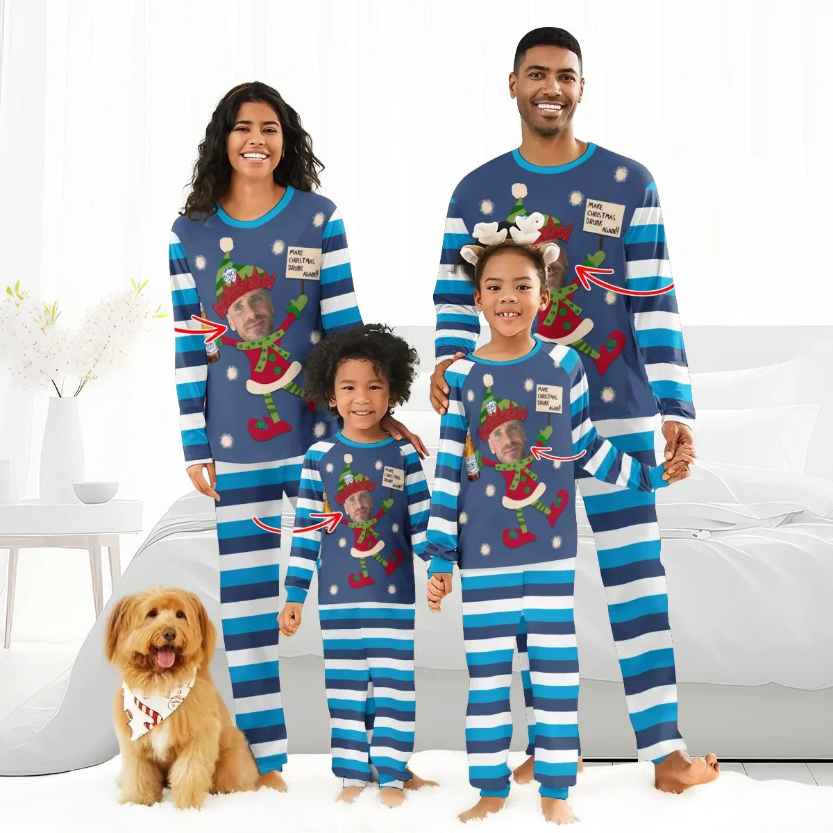 Family wearing matching blue striped Christmas pajamas with personalized elf faces and "Make Christmas Drink Again" text