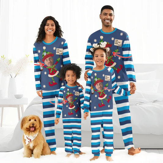 Family wearing matching blue striped Christmas pajamas with personalized elf faces and "Make Christmas Drink Again" text