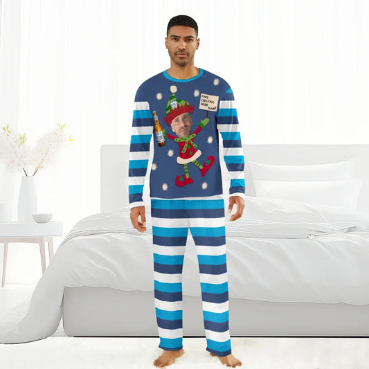 Man in blue striped Christmas pajamas with elf holding Busch Light bottle and sign in bedroom