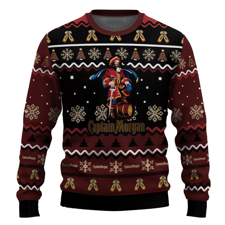 Personalized Captain Morgan Pine Tree Snowing Christmas Ugly Sweater - VinoVogue.com