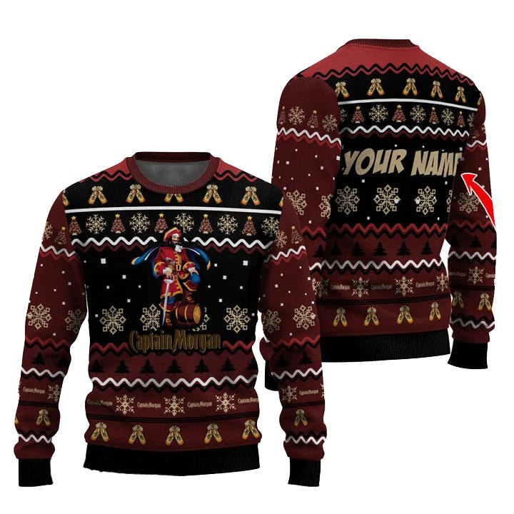 Personalized Captain Morgan Pine Tree Snowing Christmas Ugly Sweater - VinoVogue.com