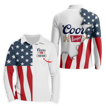 Personalized Coors Banquet American Flag Long Sleeve Polo Shirt