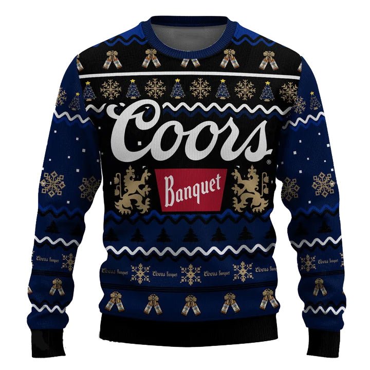 Personalized Coors Banquet Pine Tree Snowing Christmas Ugly Sweater - VinoVogue.com