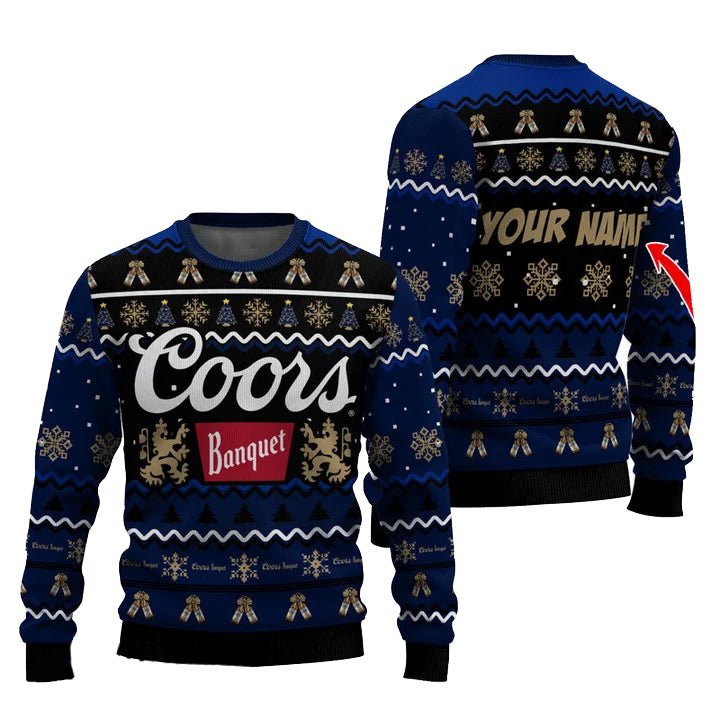 Personalized Coors Banquet Pine Tree Snowing Christmas Ugly Sweater - VinoVogue.com