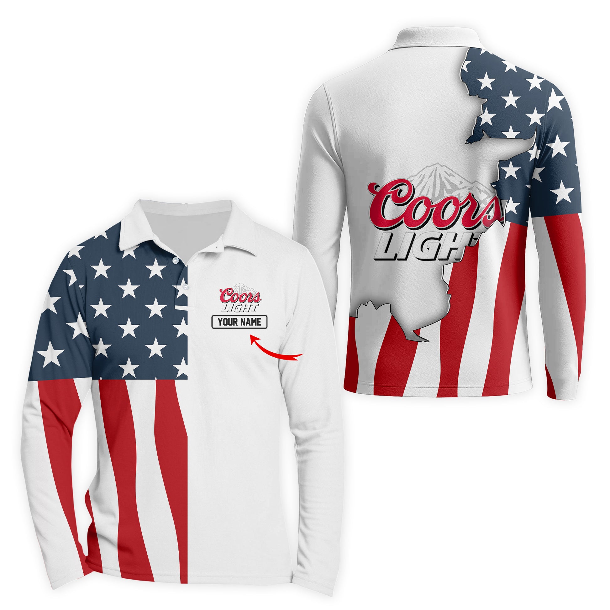 Personalized Coors Light American Flag Long Sleeve Polo Shirt
