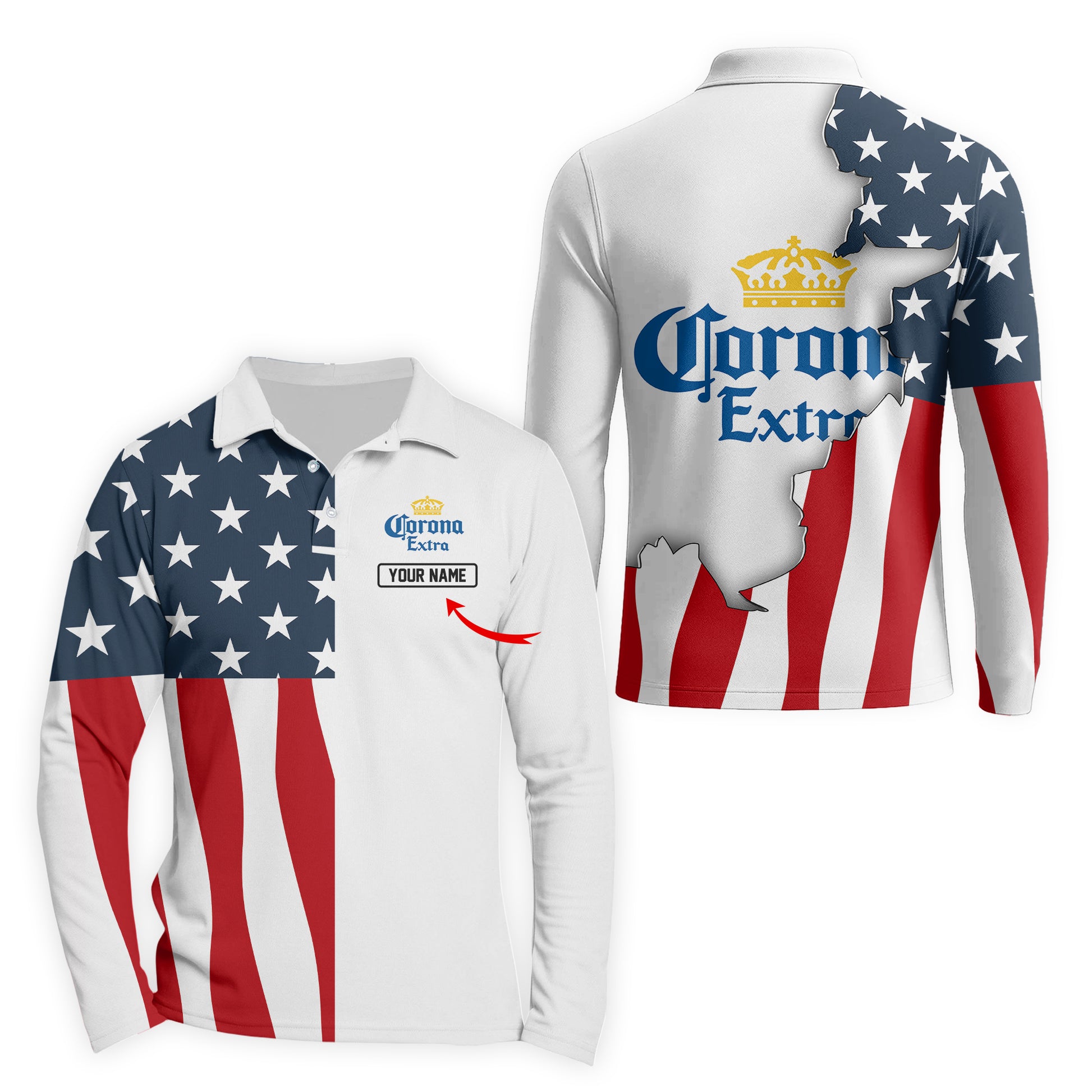Personalized Corona Extra American Flag Long Sleeve Polo Shirt