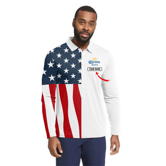 Personalized Corona Extra American Flag Long Sleeve Polo Shirt