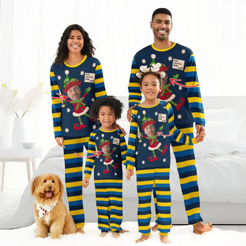 Family wearing matching blue and yellow striped Christmas pajamas with personalized elf face and holiday message