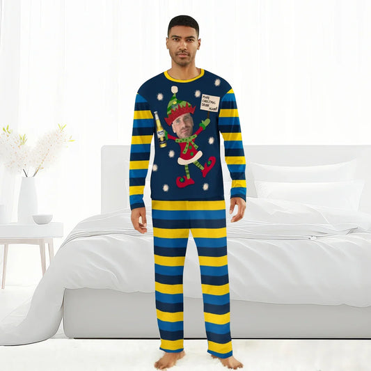 Man in blue and yellow striped Christmas pajamas with elf holding Corona beer and festive message