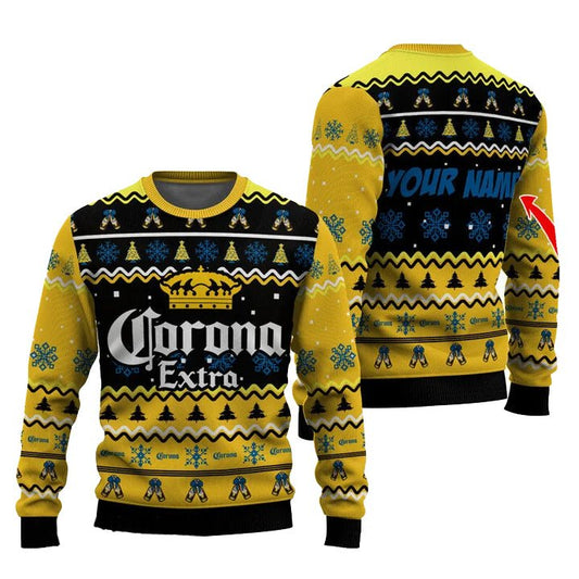 Personalized Corona Extra Pine Tree Snowing Christmas Ugly Sweater - VinoVogue.com