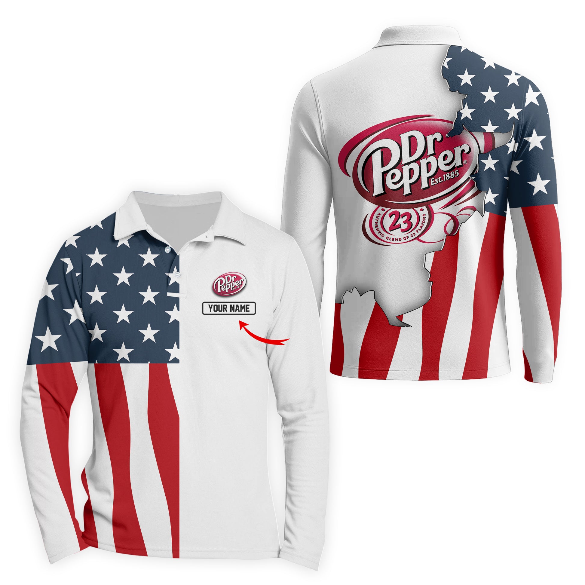 Personalized Dr Pepper American Flag Long Sleeve Polo Shirt