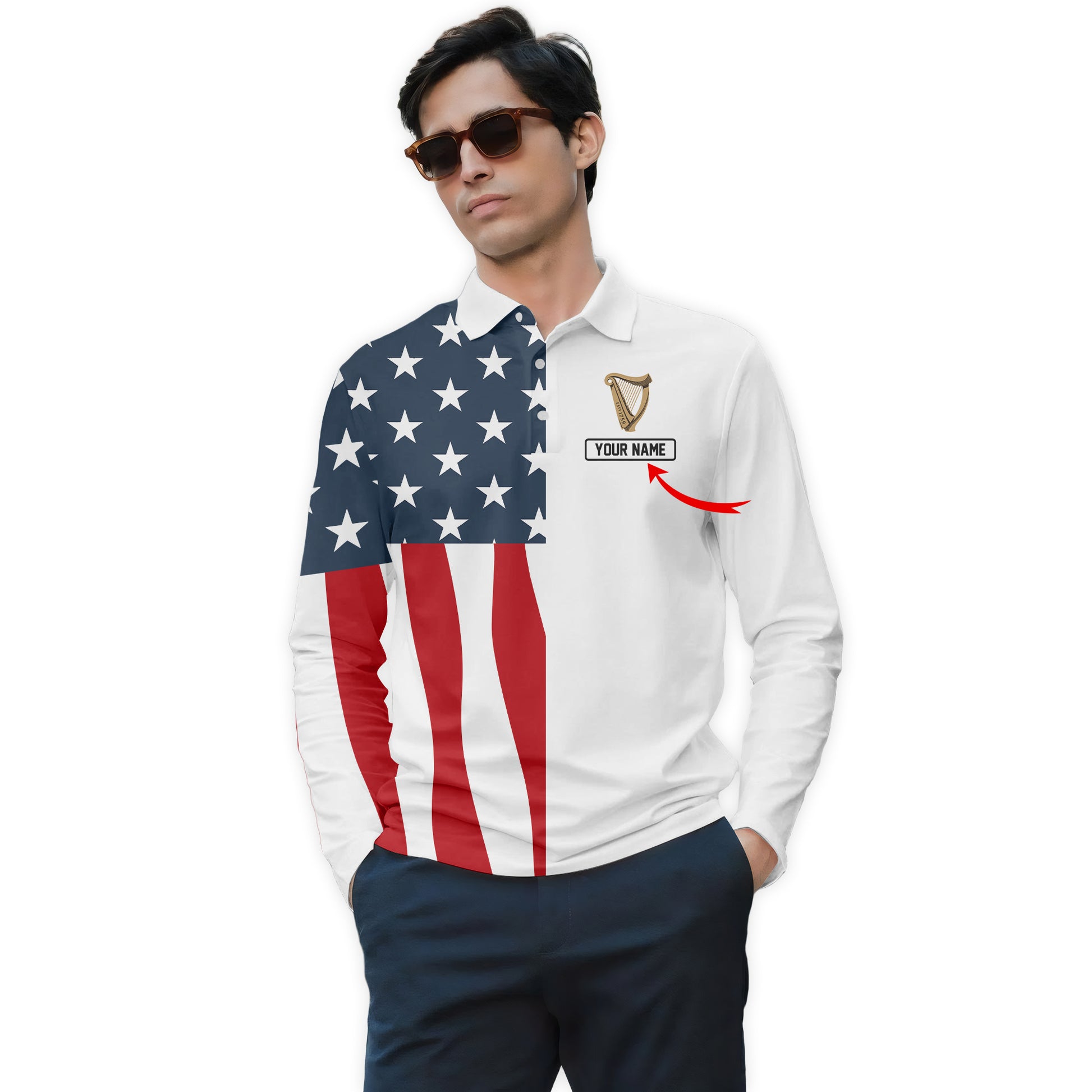 Personalized Guinness American Flag Long Sleeve Polo Shirt