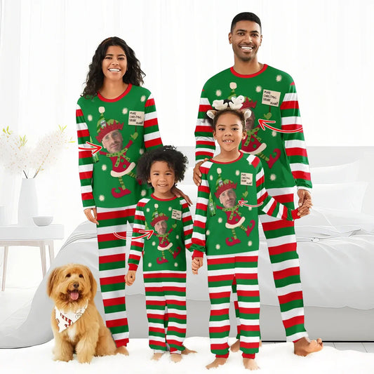 Family of four wearing personalized Christmas elf pajamas with striped red, green, white patterns and dog with holiday bandana