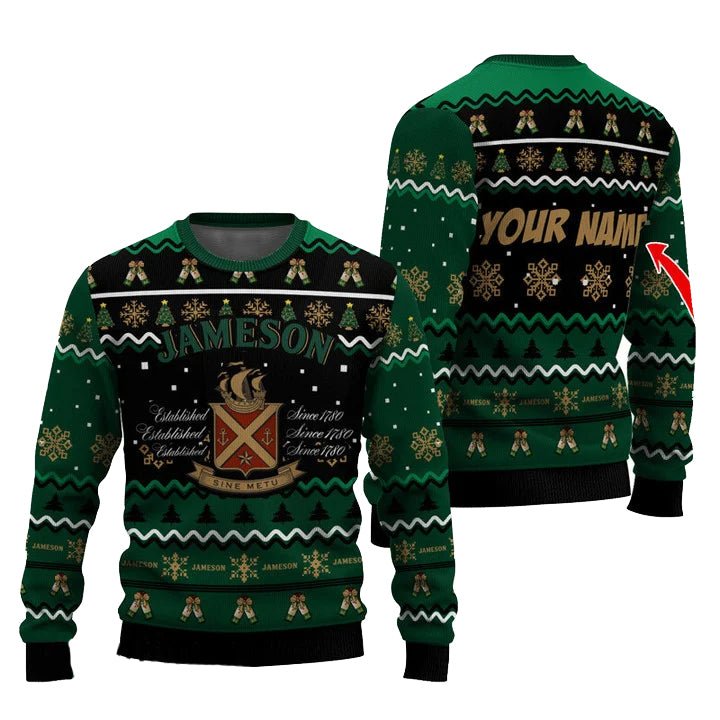 Personalized Jameson Pine Tree Snowing Christmas Ugly Sweater - VinoVogue.com